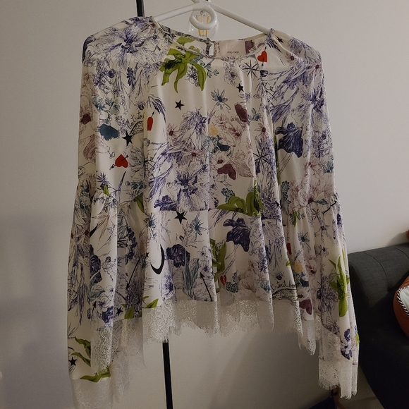 Cinq a Sept 5a7 Avalon Floral-Print Silk Top Blouse with Lace - Picture 3 of 7
